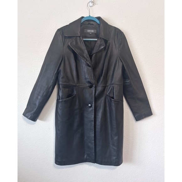 Kenneth Cole Reaction XL‎ Black Leather Coat Jacket Trench Y2k - Picture 1 of 4